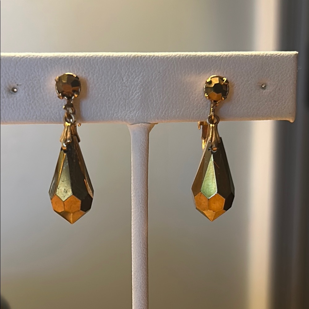 New Vintage Clip Earrings Bronze Drop Crystals